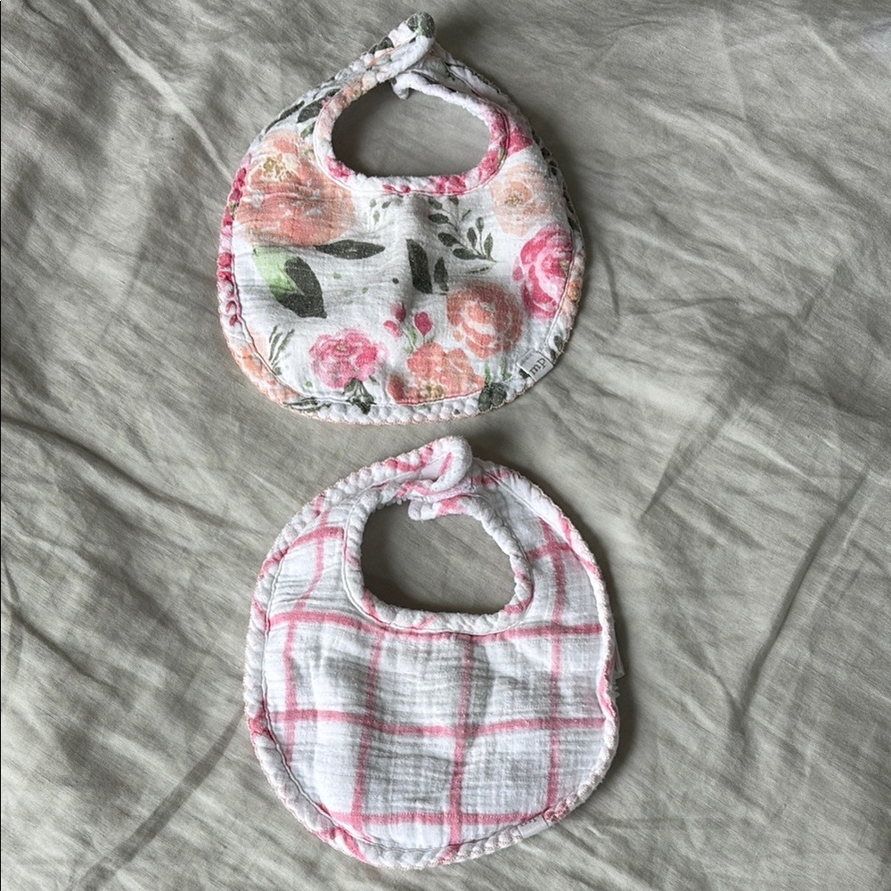 Mud Pie Newborn Pink Floral and Plaid Baby Girl Bib Set